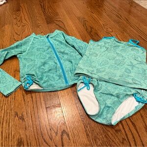 SwimZip Kids Teal Seashell Rash Guard Swim Set - 3 Piece
